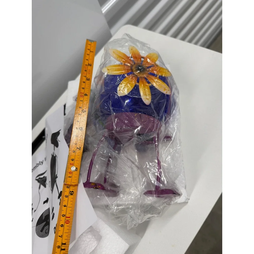 Purple Metal Cat Solar Lantern Blue Crackle Glass Globe Garden Statue YN-25